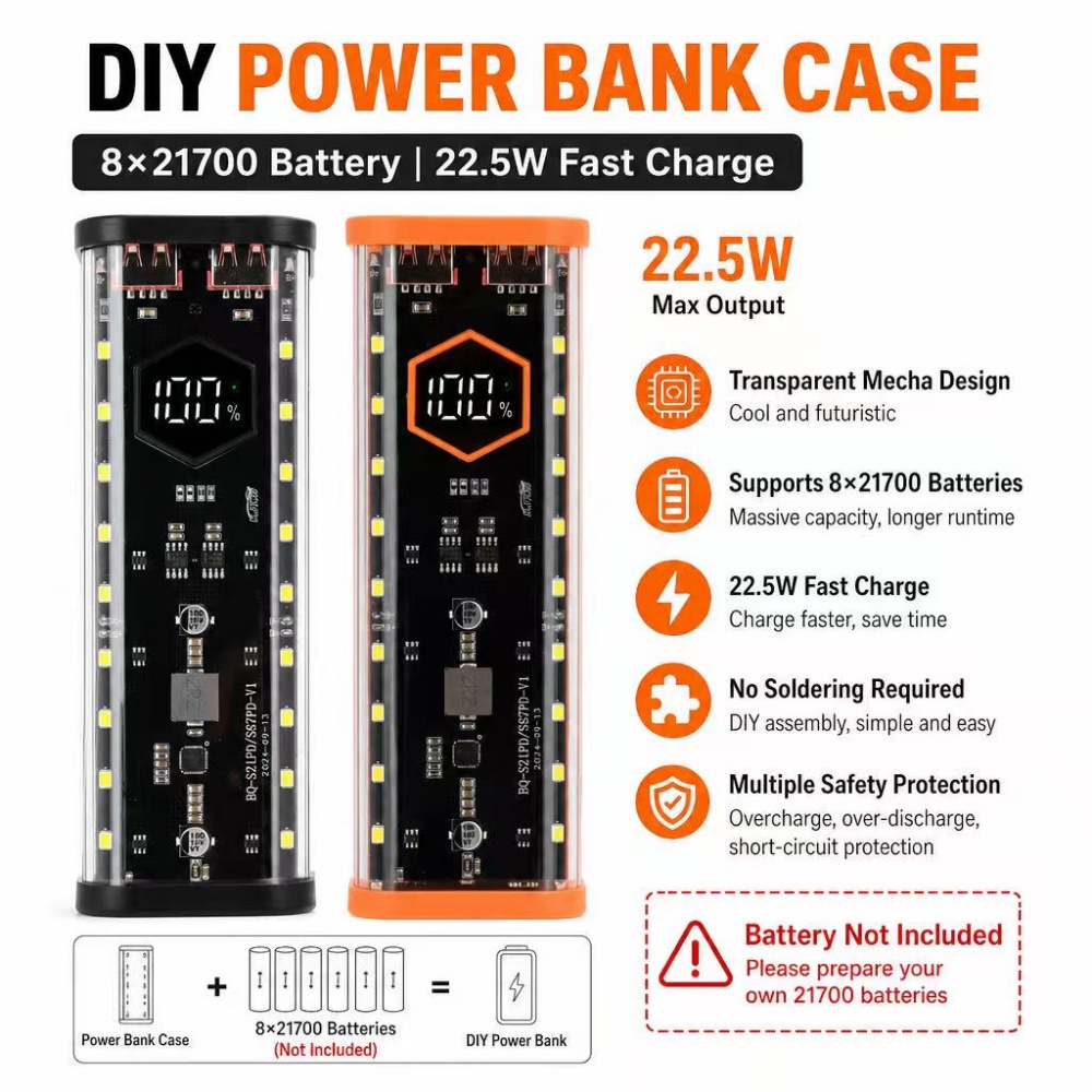 Diy Electronics Hobby - Корпус для аккумуляторов 8*21700, 22.5W, быстрая
