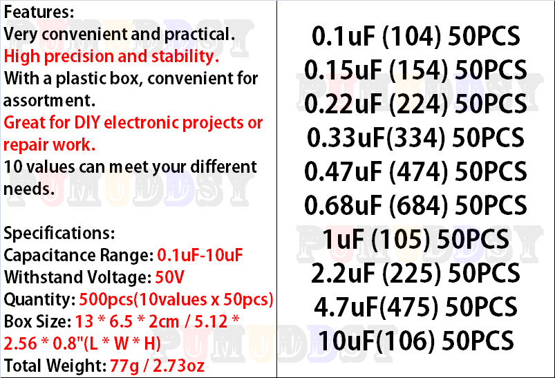 500 шт./лот, 10 значений * 50  – обзор и цена Capacitor Kit Assortment